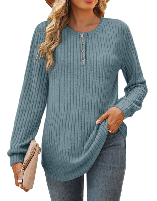 Load image into Gallery viewer, Eachyes Womens Long Sleeve Henley Tunic Tops Crew Neck Pullover Sweaters Loose Fit Dressy Casual Blue Small
