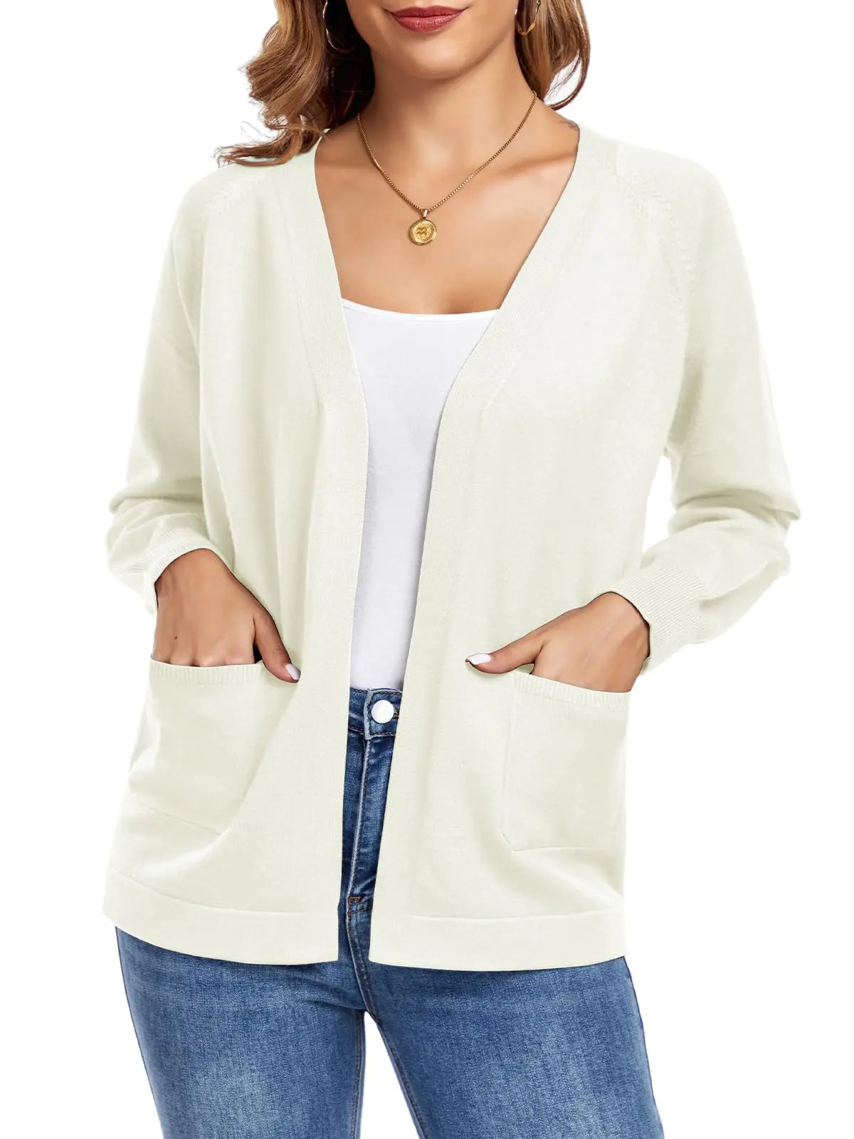 Cárdigans ligeros de mujer TownCat con bolsillo, de punto, de manga larga, con frente abierto (blanco XXL)