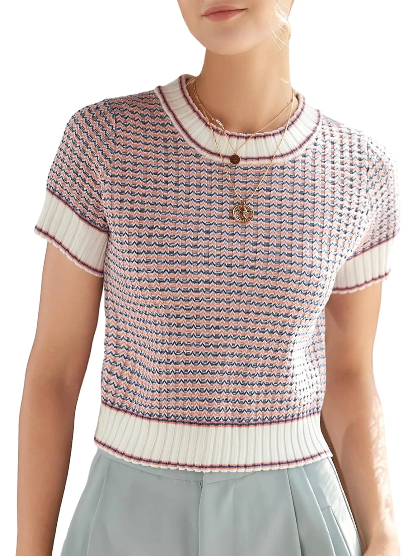 COZYEASE Womens Striped Rib Knit Short Sleeve Crop Sweaters Round Neck Pullover Sweaters Pink X-Large