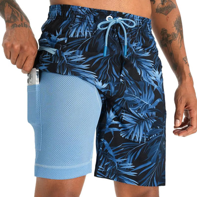 APTRO 2 in 1 Mens Swim Trunks 9" with Zipper Pockets Bathing Suit Built-in Board Shorts Swimwear Long Shorts Palm Blue S