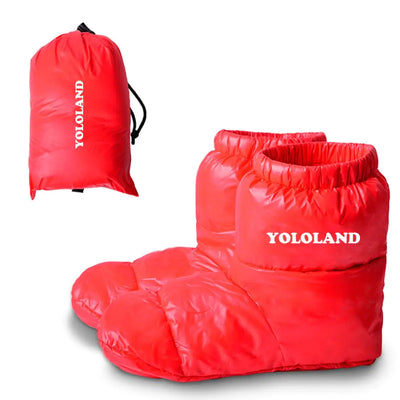 YOLOLAND Winter Warm Foot Warmers for Sleeping Duck Down Socks Waterproof Boots Mens Down Slippers Sleep Booties for Women Home Outdoor Camping Hiking Shoes Lightweight & Comfortable (Red L)