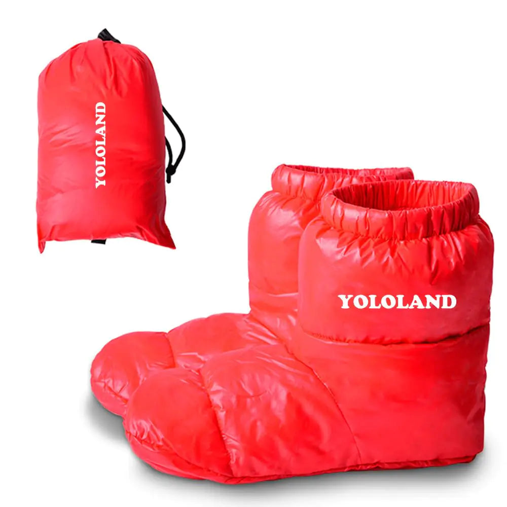YOLOLAND Winter Warm Foot Warmers for Sleeping Duck Down Socks Waterproof Boots Mens Down Slippers Sleep Booties for Women Home Outdoor Camping Hiking Shoes Lightweight & Comfortable (Red L)
