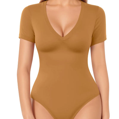MANGOPOP Deep V Neck Bodysuits for Women Short Sleeve Body Suits Sexy Going Out Tops (Khaki X-Small)