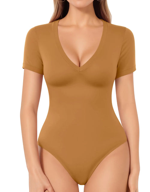 Load image into Gallery viewer, MANGOPOP Deep V Neck Bodysuits for Women Short Sleeve Body Suits Sexy Going Out Tops (Khaki X-Small)
