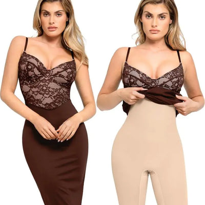 Popilush Lace Midi Dress Shapewear Dresses for Women V-Neck Slip Adjustable Straps Bodycon Slip with Underwire Brown