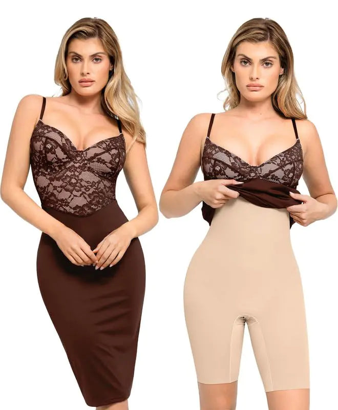 Popilush Lace Midi Dress Shapewear Dresses for Women V-Neck Slip Adjustable Straps Bodycon Slip with Underwire Brown