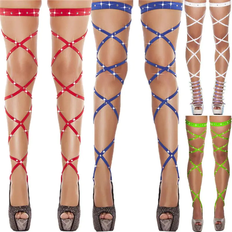 Rhinestone Hollow Cross Strap Stockings