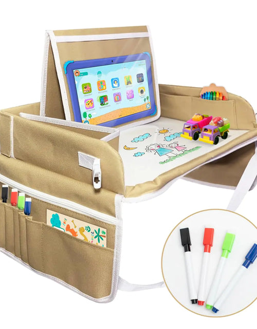 Load image into Gallery viewer, Car Seat Tray with white board Car Accessories for Kids with Tablet Holder Food &amp; Play Activity Roadtrip Essentials for Kids Foldable &amp; Portable Travel Tray for Kids Car Seat (Khaki &amp; White).
