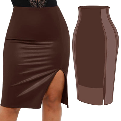 Popilush Faux Leather Skirts with Built in Mesh Shapewear Tummy Control High Waist Midi Skirt for Women Chocolate Brown