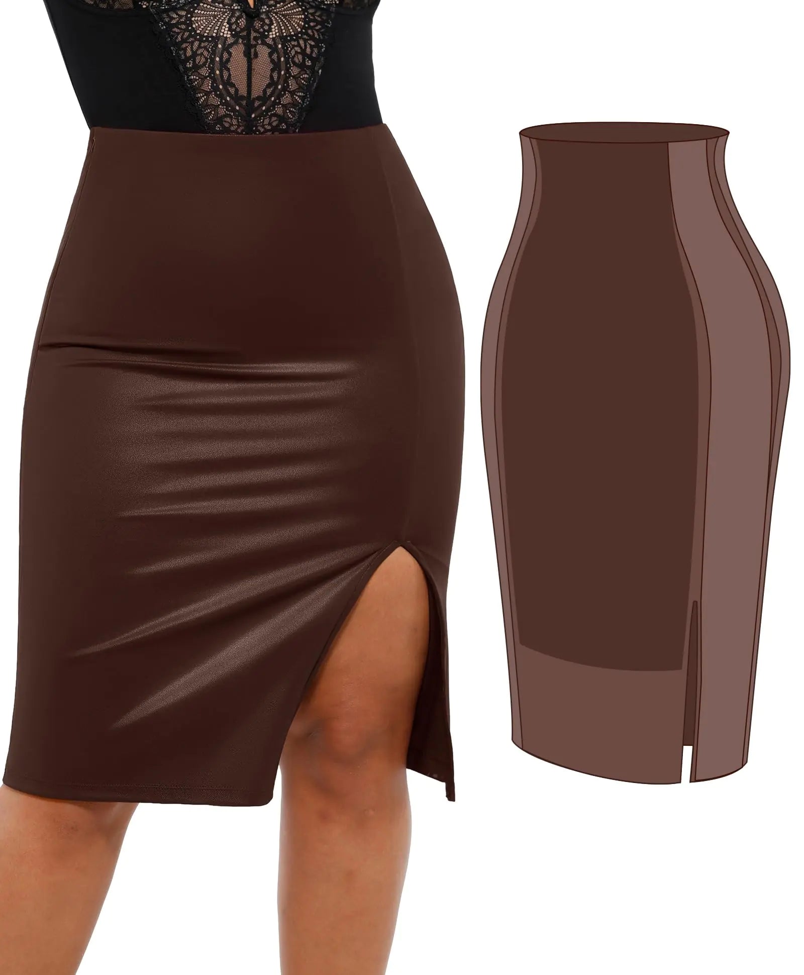 Faldas de piel sintética Popilush con faja de malla incorporada, control de abdomen, cintura alta, falda midi para mujer, color marrón chocolate