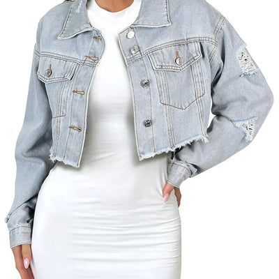 andy & natalie cropped jean jacket for women ripped jean jacket fashion jacket frayed denim jacket Light Blue Large