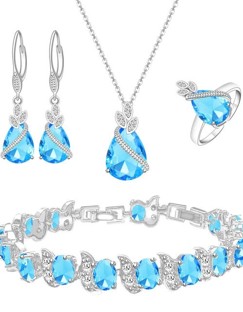 Load image into Gallery viewer, LMXXVJ Australian Crystal Jewelry Set For WomenPlatinum Plated Aquamarine Necklace Ring Earrings Bracelet Costume Jewelry Set Gifts for/Mom/Wife

