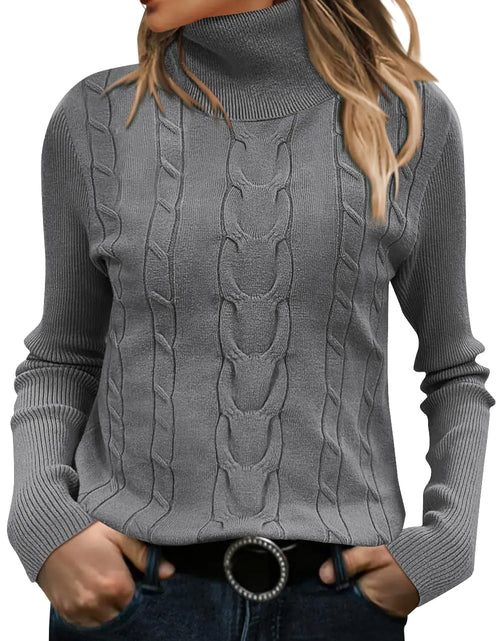 Load image into Gallery viewer, QACOHU Womens Turtleneck Long Sleeve Cable Knit Sweaters Grey M
