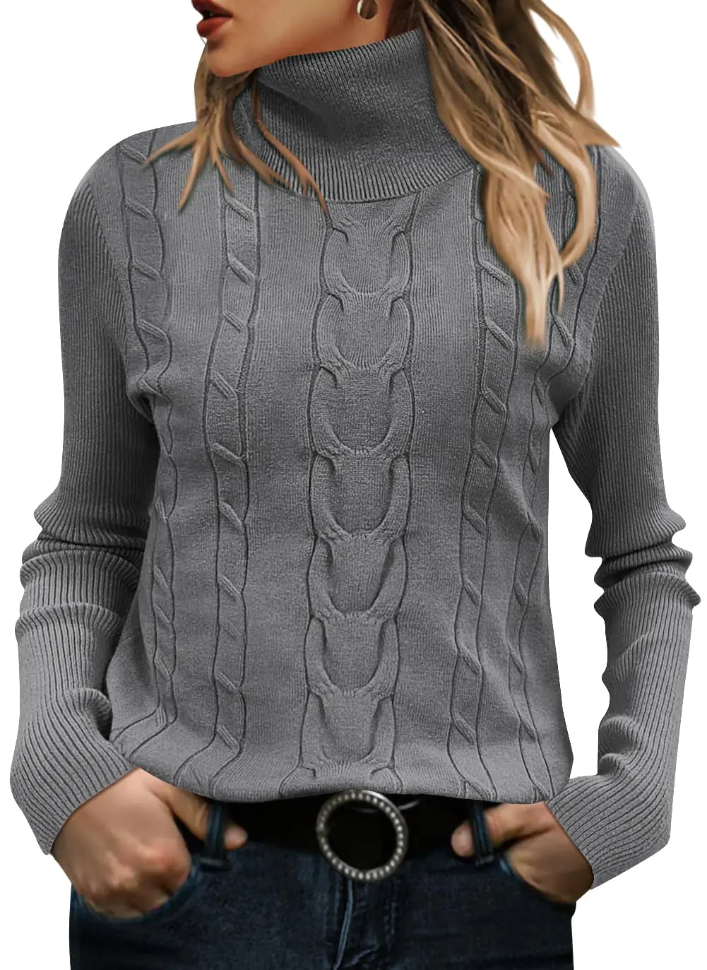 QACOHU Womens Turtleneck Long Sleeve Cable Knit Sweaters Grey M