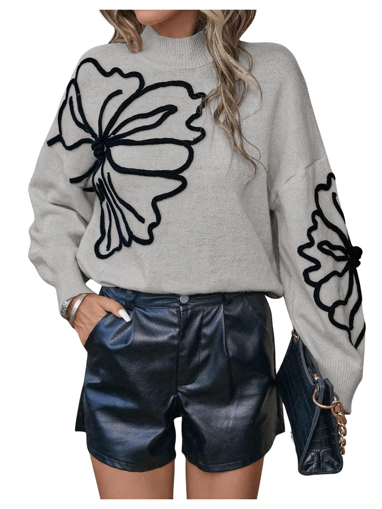 Verdusa Womens Floral Mock Neck Long Sleeve Sweaters Dressy Casual Cute Pullover Knit Sweater Tops Grey X-Large