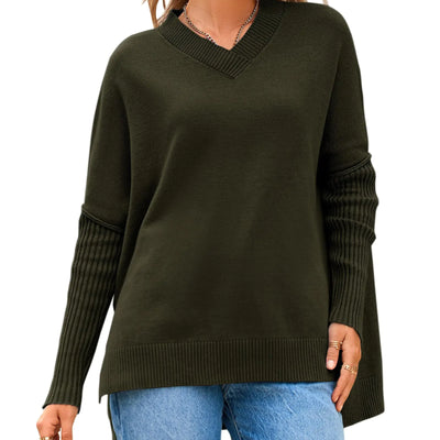 NOLLSOM Suéteres de Mujer Manga Larga Tipo Murciélago Suéteres Otoño 2024 Tejido Acanalado de Gran Tamaño con Abertura Lateral Cuello en V Jersey (Verde Militar Sólido XG)