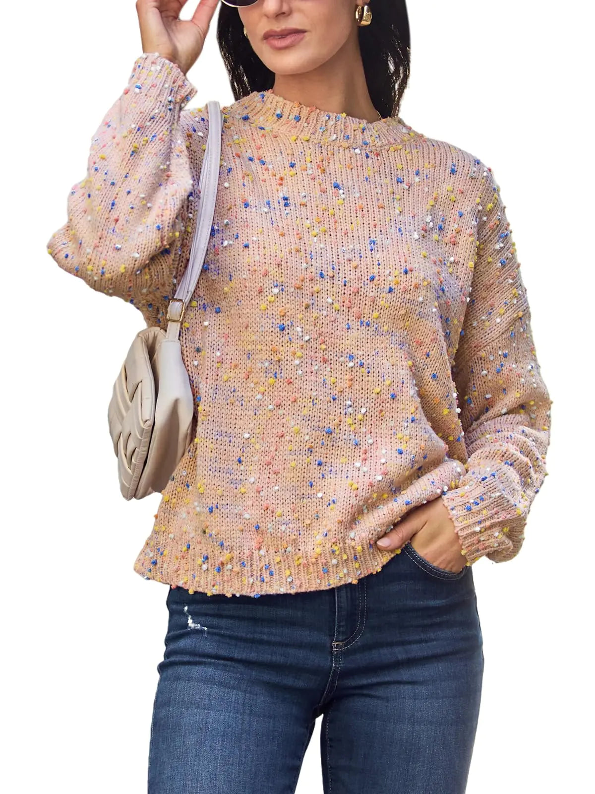 Suéter de mujer CUPSHE 2024 Otoño Arcoíris con Pompones Suéteres Casuales de Manga Larga Jersey Moderno Rosado XXL