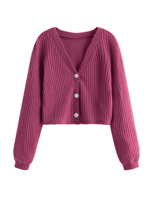 Cargar imagen en el visor de la galería, SweatyRocks Cárdigan de punto suave de manga larga con cuello de pico y botones para mujer, rosa brillante M
