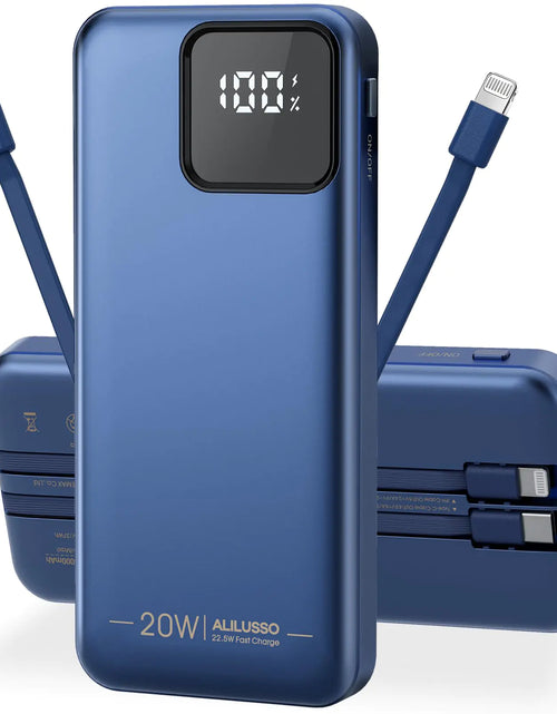 Cargar imagen en el visor de la galería, Cargador portátil ALILUSSO con cables incorporados para iPhone Samsung iPad Teléfono Android, Power Bank de 20000 mAh, Carga Rápida, Pantalla LED Inteligente, Batería Externa con 2 Puertos de Salida para Viajes - Azul Oscuro
