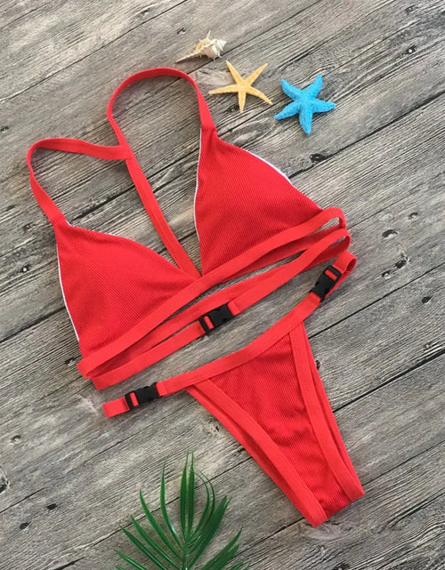 Load image into Gallery viewer, Solid Color Bikini Set with Buckle Swimwear

