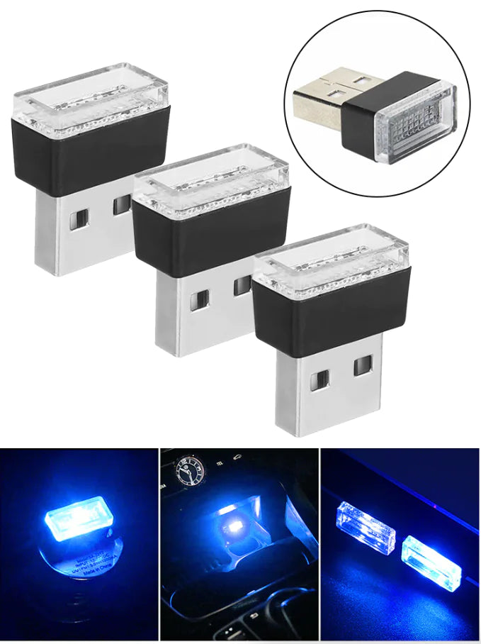 3x Mini Luz LED Azul USB Interior de Coche Lámpara de Ambiente Neón Accesorios