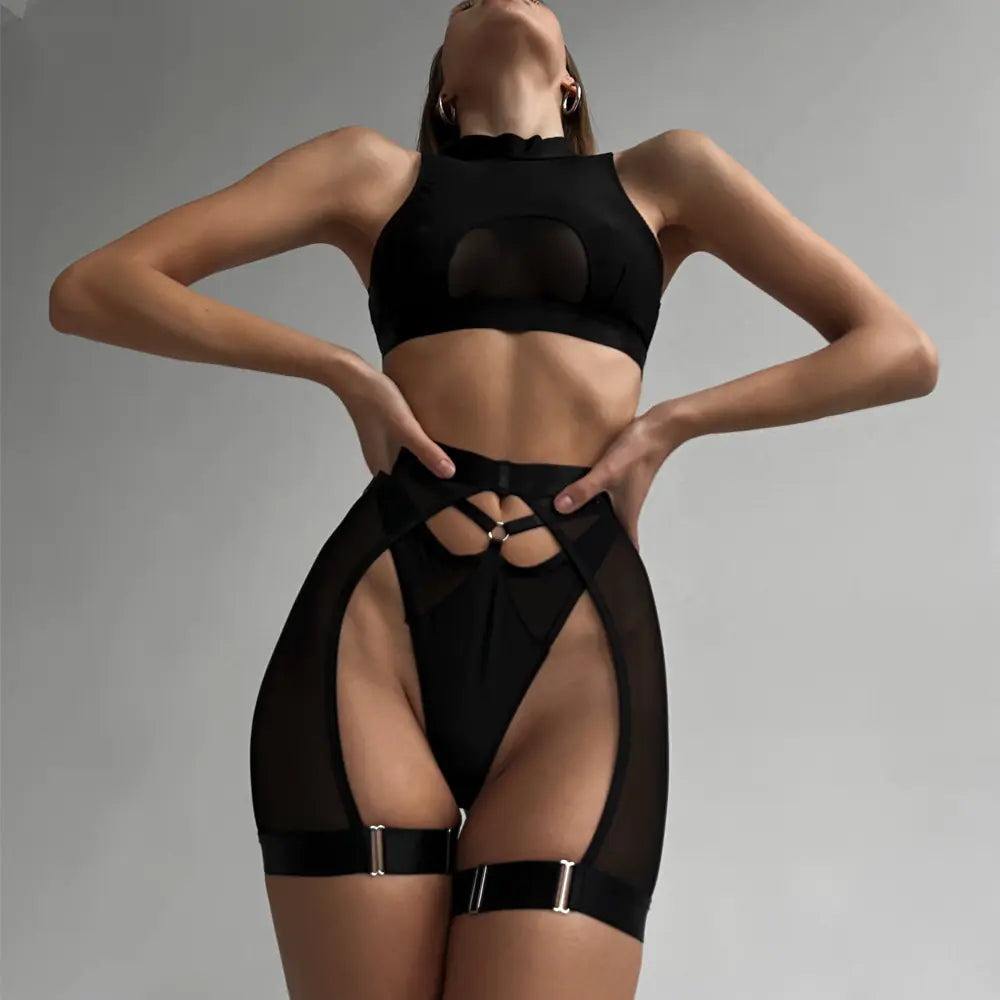 Fashionable Black Wireless Lingerie Set - 3 Pieces