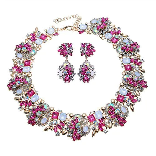 Parure de Bijoux Fantaisie Femme Collier Ras-du-Cou Bavette Cristal Strass Vintage Boucles d'Oreilles Rose