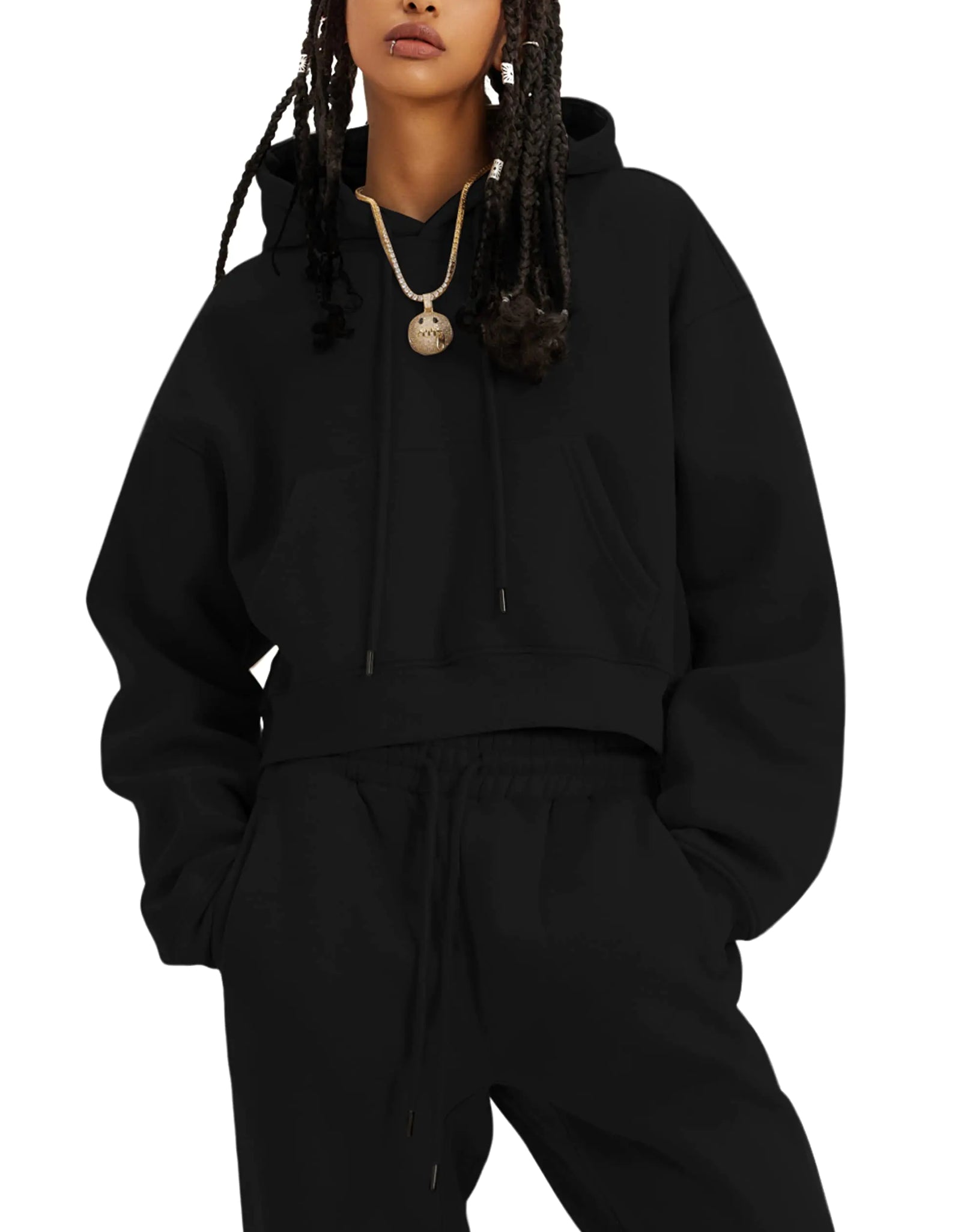 Tanming Women 2 Piece Outfits Sweatsuits Crop Pullover Fleece Sweatshirt Jogger Pants Lounge Set (Black-M)