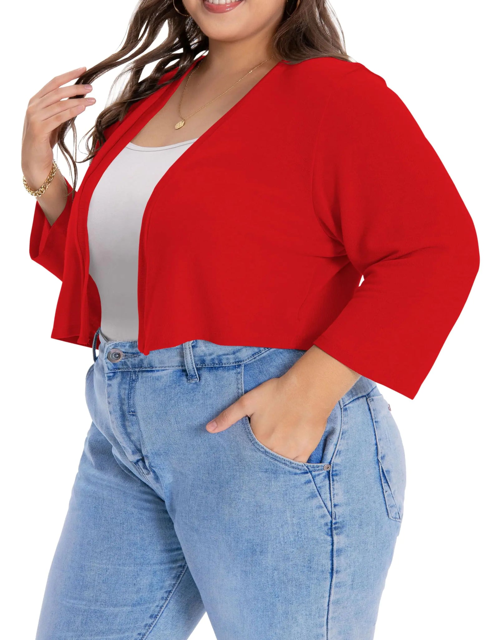 Gilets courts grande taille pour femmes, pull en tricot ouvert sur le devant (RougeXL)