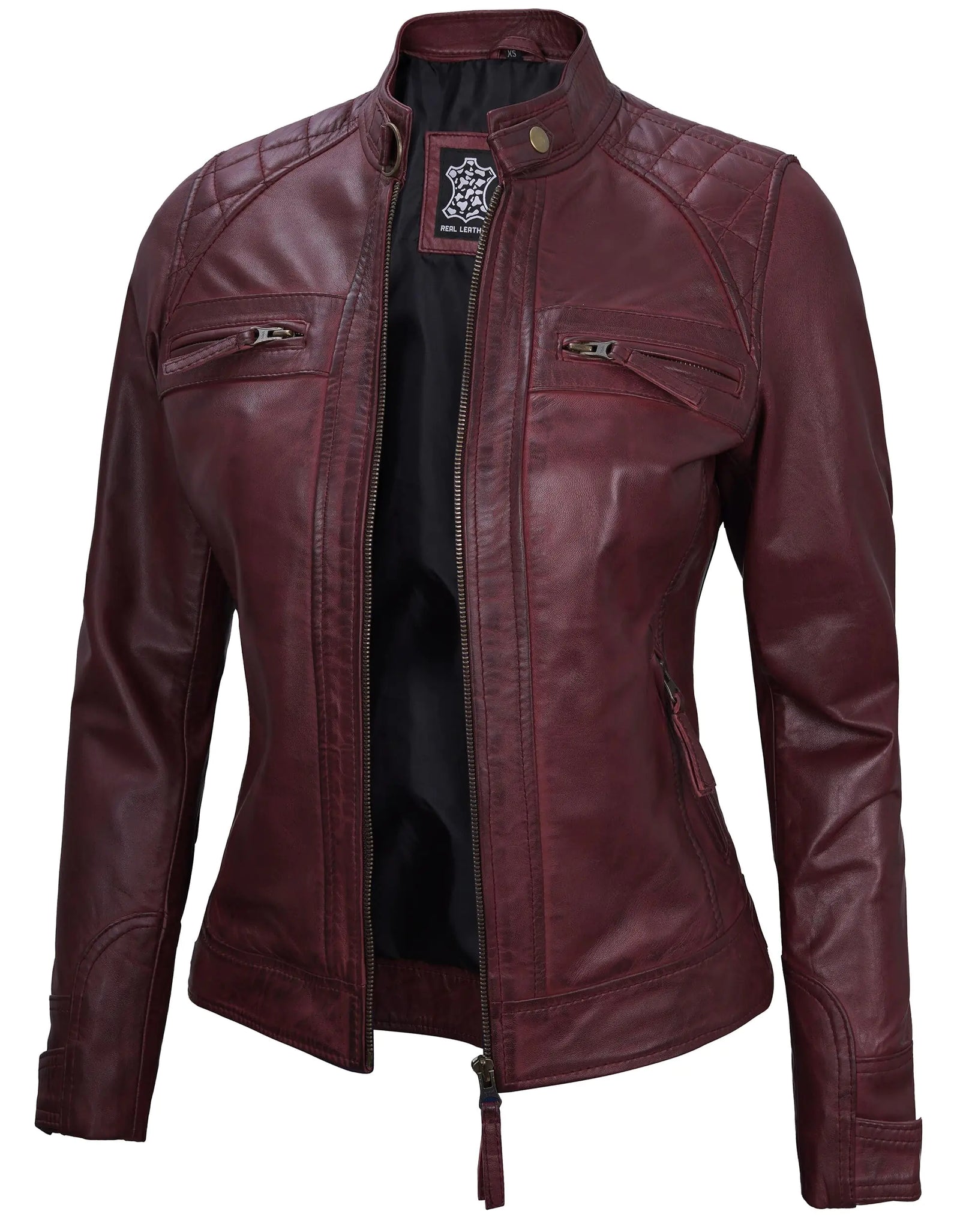 Decrum Maroon Leather Jacket - Womens Biker Jacket | (N2) [1315914] Diamond 1 Maroon L