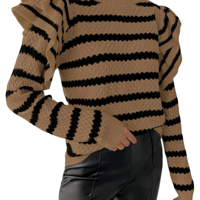 GORGLITTER Suéter de mujer a rayas con volantes de manga larga para otoño invierno, suéteres bonitos de cuello redondo, blusas de punto color caqui, talla M