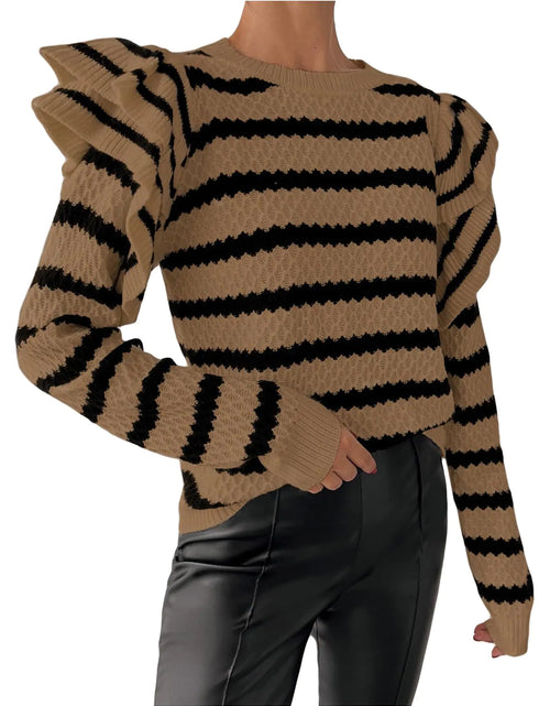 Load image into Gallery viewer, GORGLITTER Womens Striped Ruffle Long Sleeve Sweater Fall Winter Pullover Sweaters Cute Crewneck Knit Tops Khaki Medium
