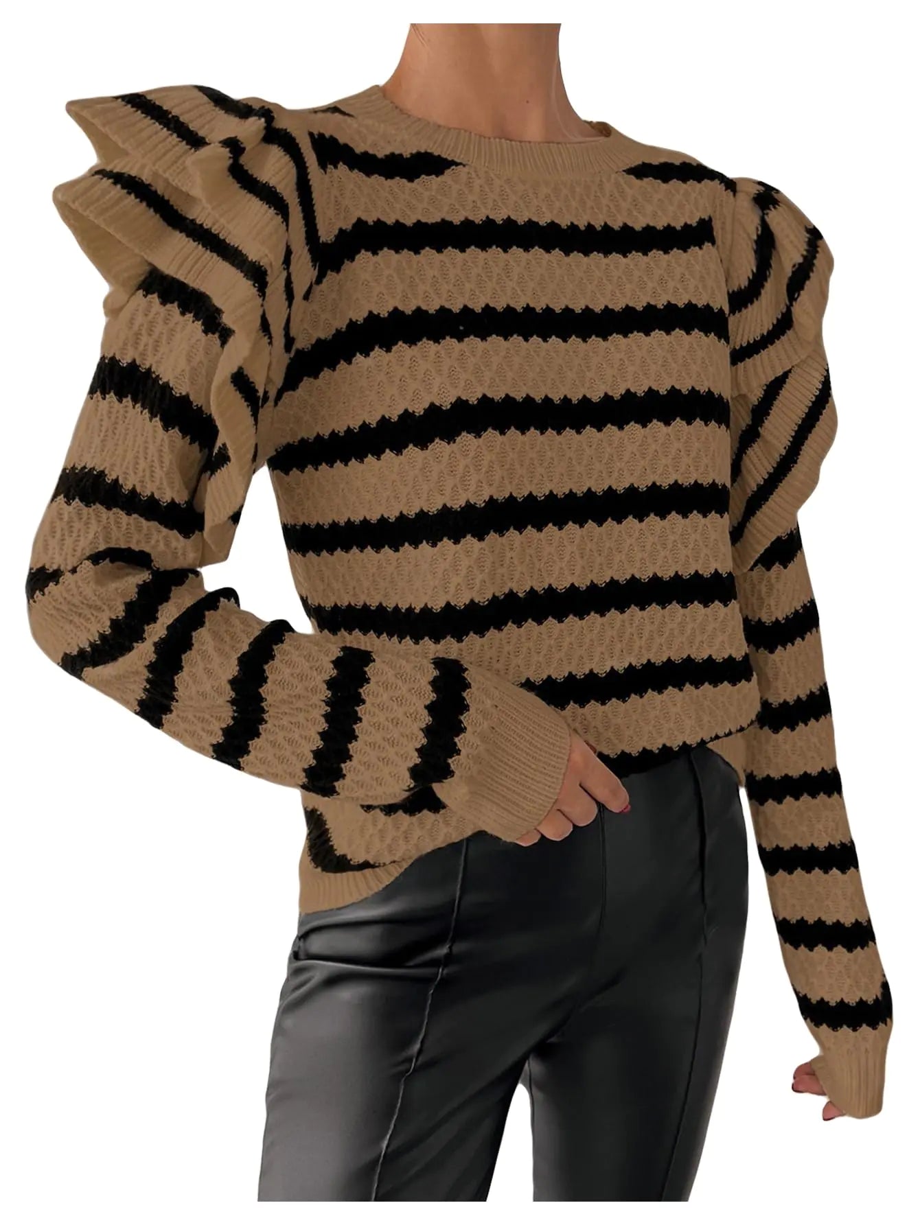GORGLITTER Womens Striped Ruffle Long Sleeve Sweater Fall Winter Pullover Sweaters Cute Crewneck Knit Tops Khaki Medium