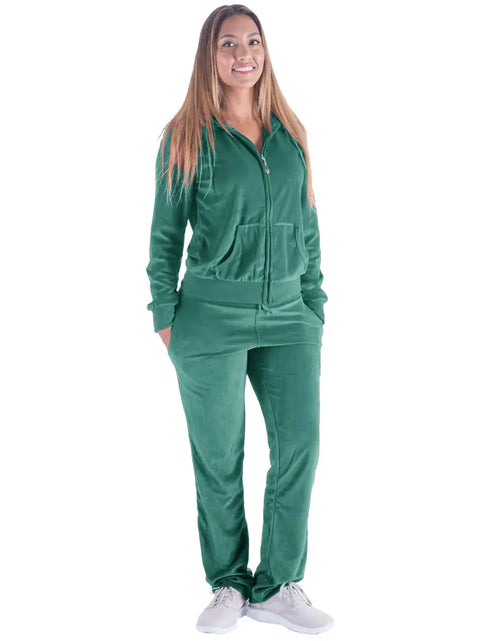 Load image into Gallery viewer, LeeHanTon Jogging Suits for Women Set Petite Track Suit Two 2 Piece Outfits Velvet Tracksuit Sets Velour Zip Up Hoodie Sweatshirt &amp; Sweatpants Sweatsuits(GREEN L)
