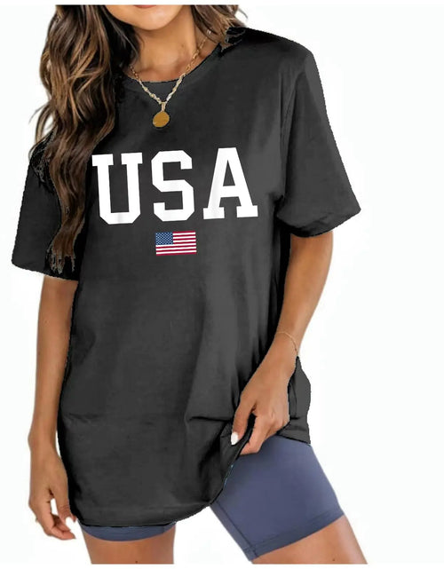 Load image into Gallery viewer, YOKVAN Womens Oversized Boyfriend Tee Shirts Short Sleeve Trendy Crew Neck Loose Workout Tee Casual Summer Tops Cotton USA-Black S
