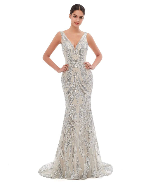 Load image into Gallery viewer, Engerla Mermaid V Neck Evening Dresses Silver Sequind Prom Dresses Womens Party Dress Celebrity Pageant Gowns 16W
