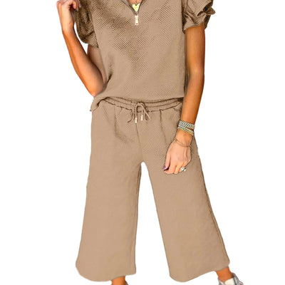 SHEWIN Womens 2 Two Piece Outfits Oversized Ruffle Short Sleeve Pullover V Neck Tops Matching Sweatsuits Drawstring Pants Lounge Sets for WomenSmoke GrayXXL