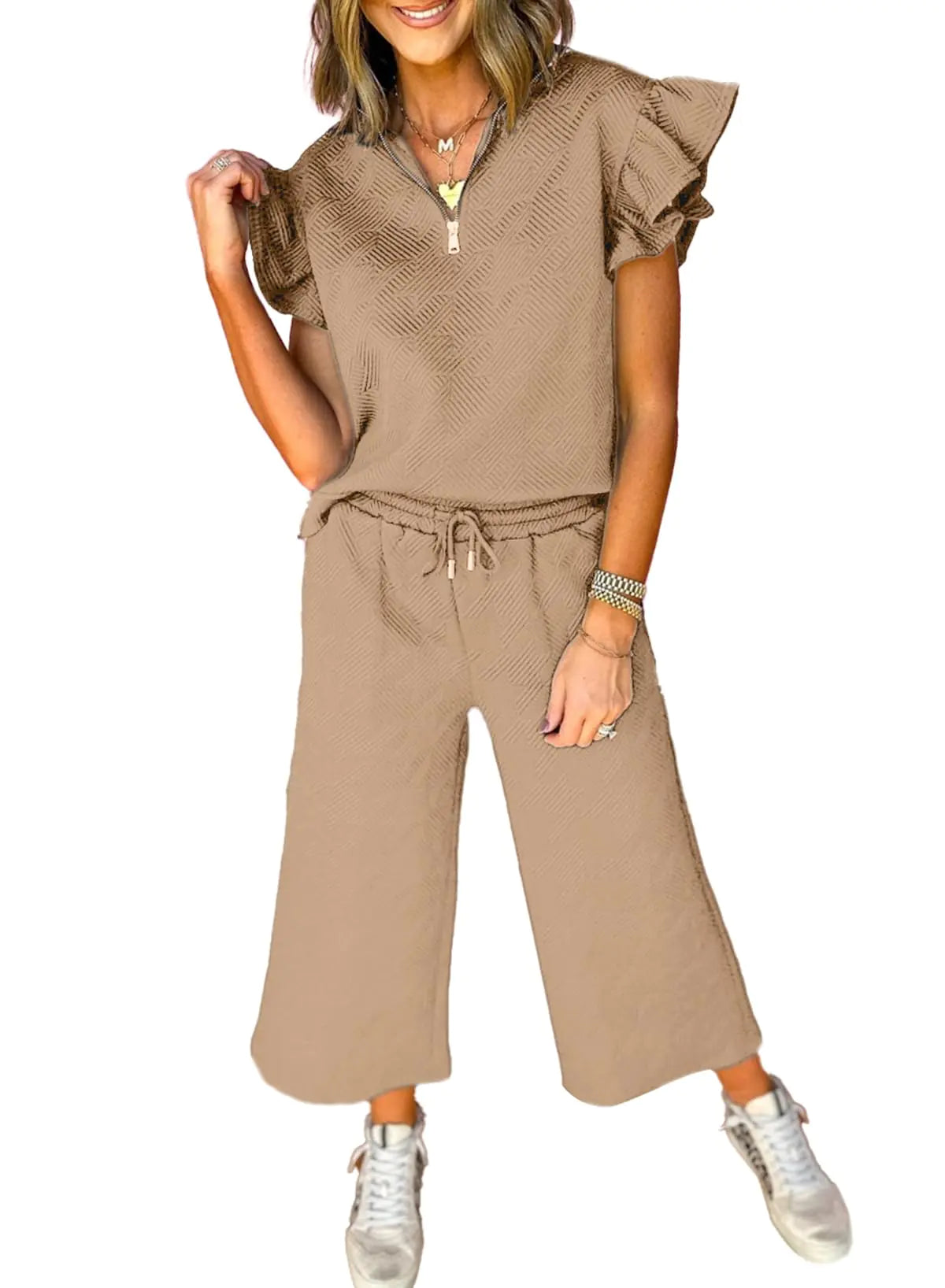 SHEWIN Womens 2 Two Piece Outfits Oversized Ruffle Short Sleeve Pullover V Neck Tops Matching Sweatsuits Drawstring Pants Lounge Sets for WomenSmoke GrayXXL