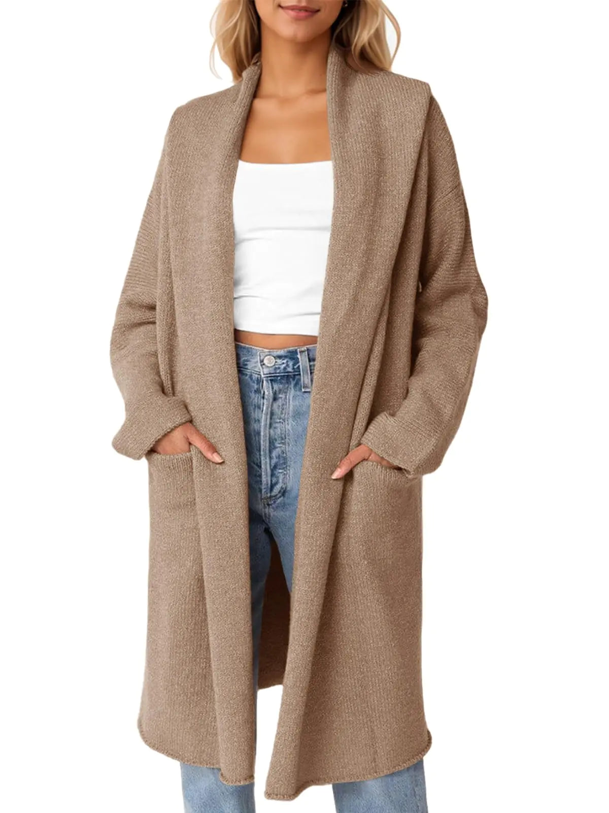 Saodimallsu Womens Oversized Long Cardigan Hooded Chunky Knit Open Front Sweaters with Pockets Apricot