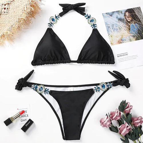 Load image into Gallery viewer, Crystal Diamond Strappy Swimsuit Swimwear Set
