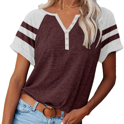 T-shirt décontracté pour femme Henley Color Block Boutonné Manches Courtes Raglan T-shirt d'été Hauts Y2K Rouge Medium