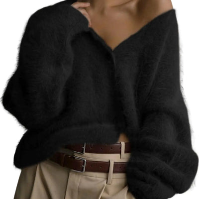 Yimoon Womens Fuzzy Cardigan Sweater V Neck Long Sleeve Button Down Slouchy Furry Knit Sweaters 2024(Black-M)