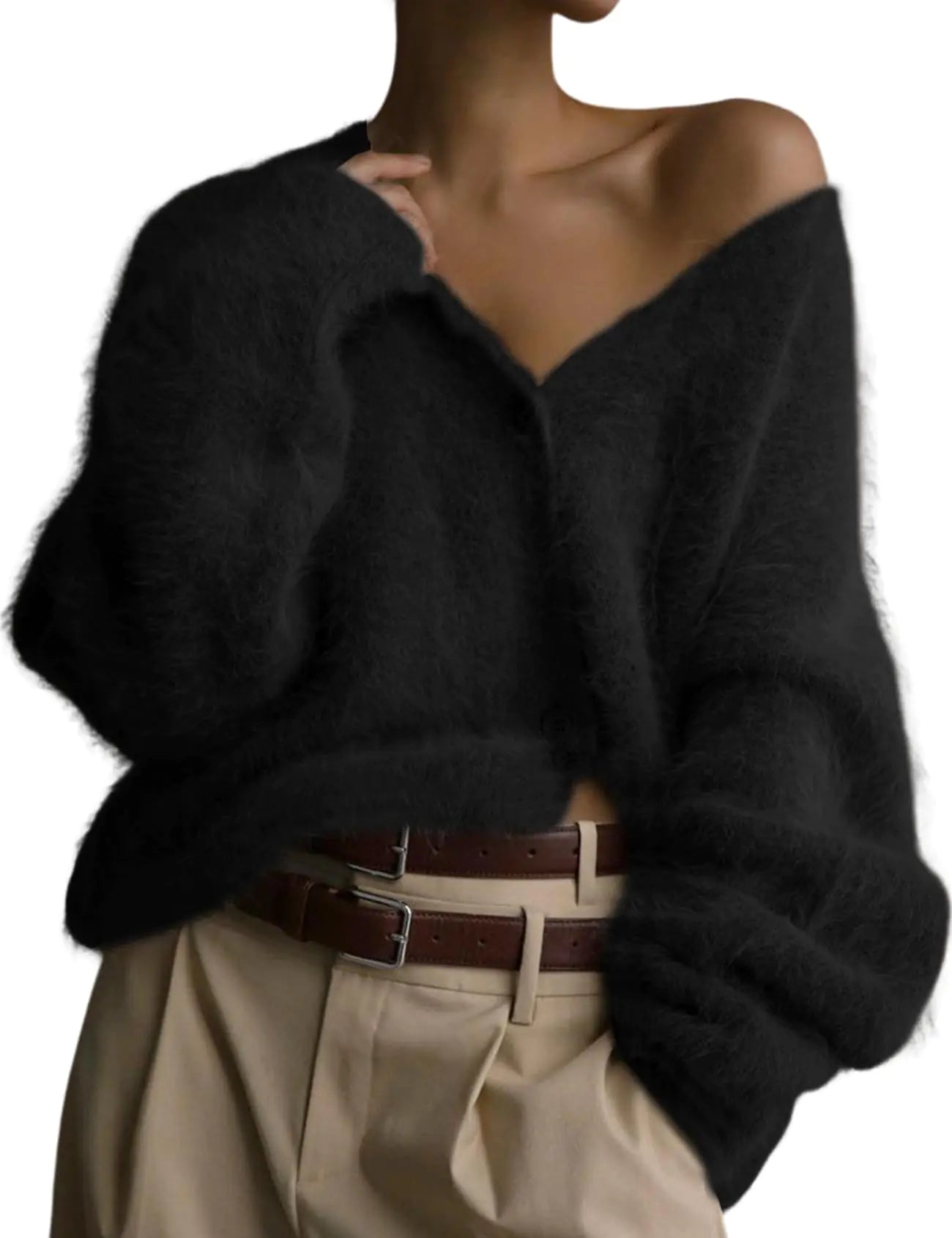 Yimoon Womens Fuzzy Cardigan Sweater V Neck Long Sleeve Button Down Slouchy Furry Knit Sweaters 2024(Black-M)