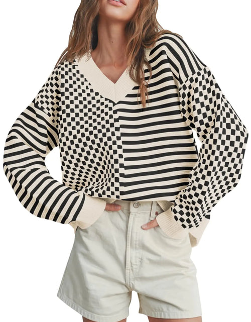 Load image into Gallery viewer, Saodimallsu Womens V Neck Sweaters Oversized Checkered Striped Fall Trendy Long Sleeve Knitted Loose Pullover Tops Apricot

