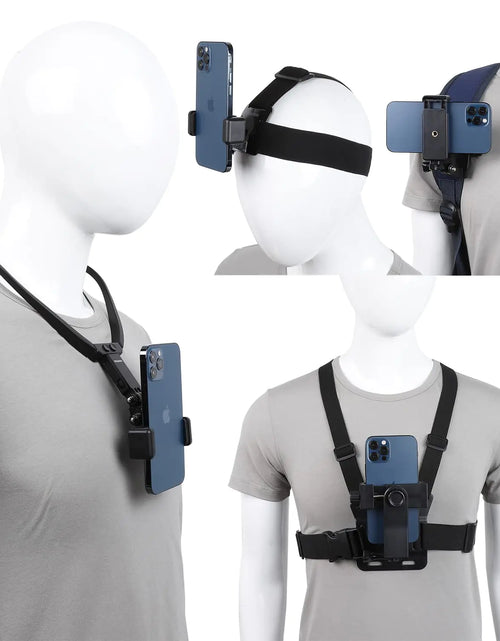 Cargar imagen en el visor de la galería, Cell Phone POV Mount Kit Phone Chest Harness Strap Mount +Head Strap Mount +Phone Selfie Neck Holder +Phone Backpack Strap MountCompatible with iPhone Samsung Smartphone GoPro Action Camera etc
