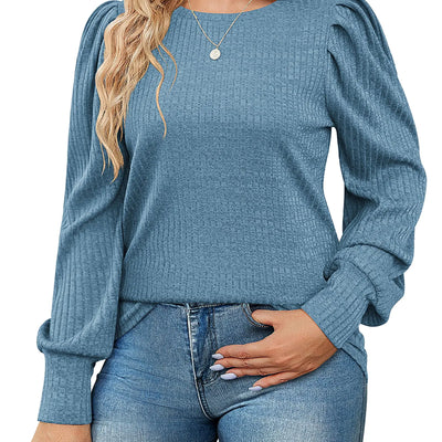 INVOLAND Suéteres de manga larga abullonadas para mujer, camisas de punto casuales con cuello redondo, blusas de otoño, ropa, azul oscuro
