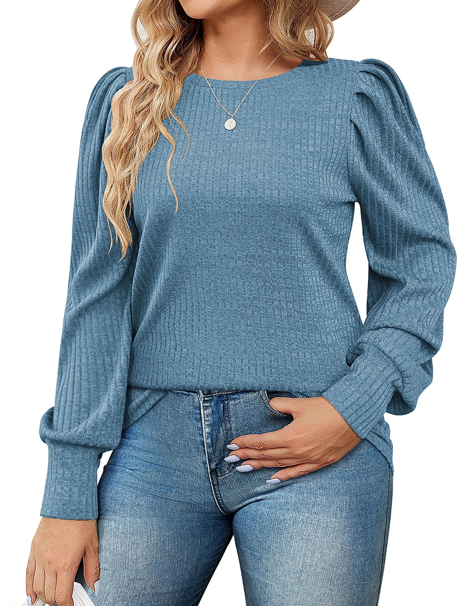INVOLAND Womens Puff Long Sleeve Sweaters Casual Crew Neck Knitted Shirts Tops Fall Blouses Clothes Dark Blue