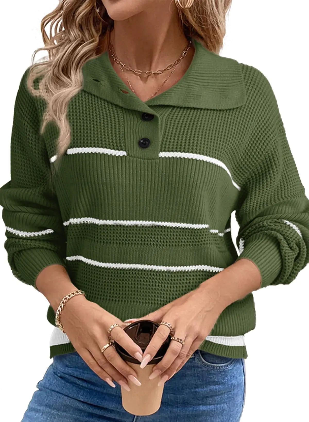 Dokotoo Pulls Femme Manches Longues Automne 2024 Pull Tricoté Tendance Bloc de Couleurs Pull-Over Rayé Ample Hauts Épais Vert Medium