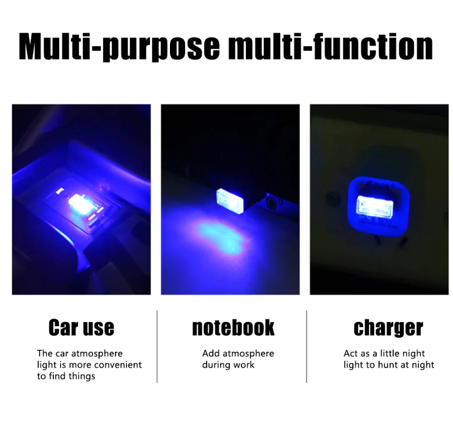 3x Mini Luz LED Azul USB Interior de Coche Lámpara de Ambiente Neón Accesorios