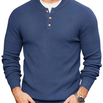 COOFANDY Mens Henley Sweater Pullover Lightweight Fitted Long Sleeve Dress Sweater Casual Winter Sweat Shirts Blue